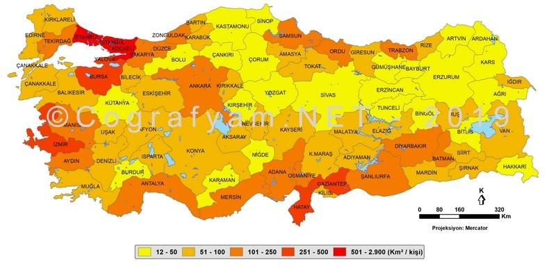 4) Nüfus yoğunluğu ile coğrafi​ alan ilişkisi