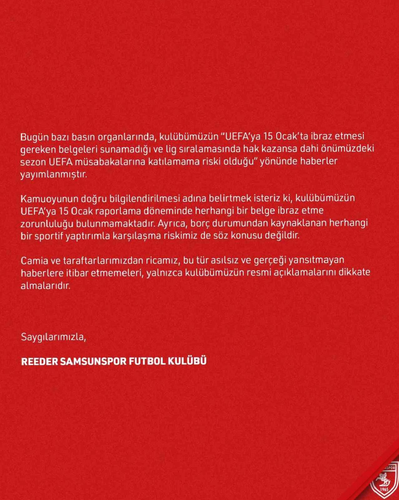 Samsunspor'dan UEFA Açıklaması